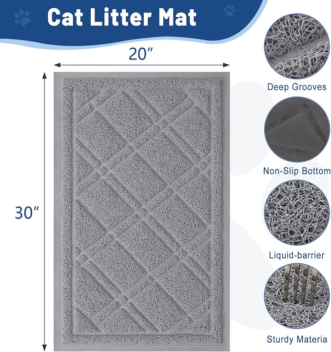 Smiry Cat Litter Box Mat 30x20, Non-Slip Water Resistant Litter Trapping Mat, Easy Clean Less Waste and Urine-Locking Cat Carpet for Indoor, Grey
