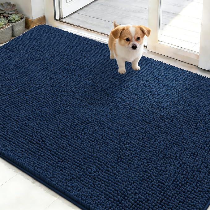 OLANLY Dog Door Mat for Muddy Paws 50x30, Super Absorbent Chenille Mud Mat | Dark Blue, Absorbs Moisture and Dirt, Non-Slip Machine Washable Doormat, Quick-Drying Indoor Entryway Floor Carpet for Dogs