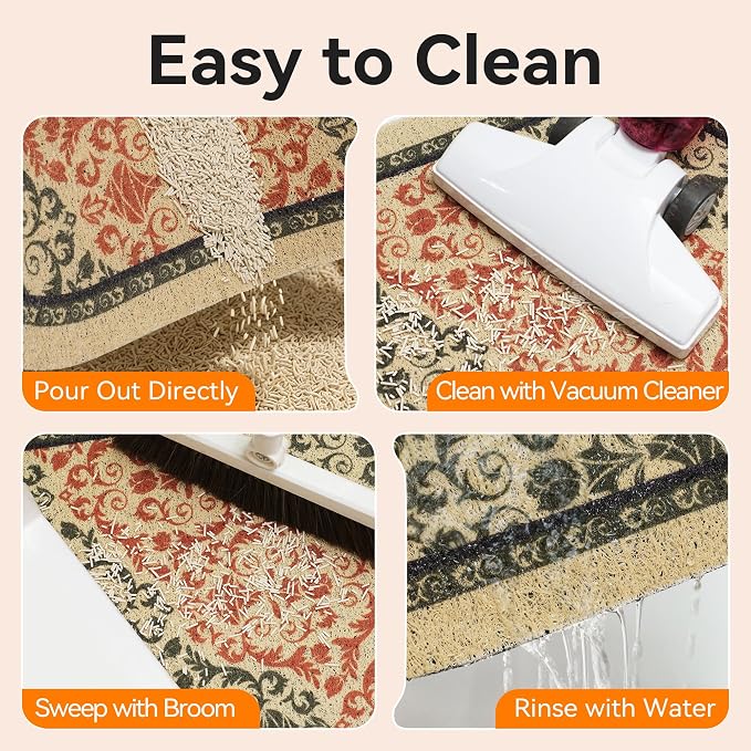 Cat Litter Mat, 33"x22" High Density PVC Litter Rug Trapping Mat, Non-Slip, Waterproof & Urine-Proof Litters Catcher Mats, Keep Floor Clean, Soft on Kitten Paws, Cat Essentials Brown-Green