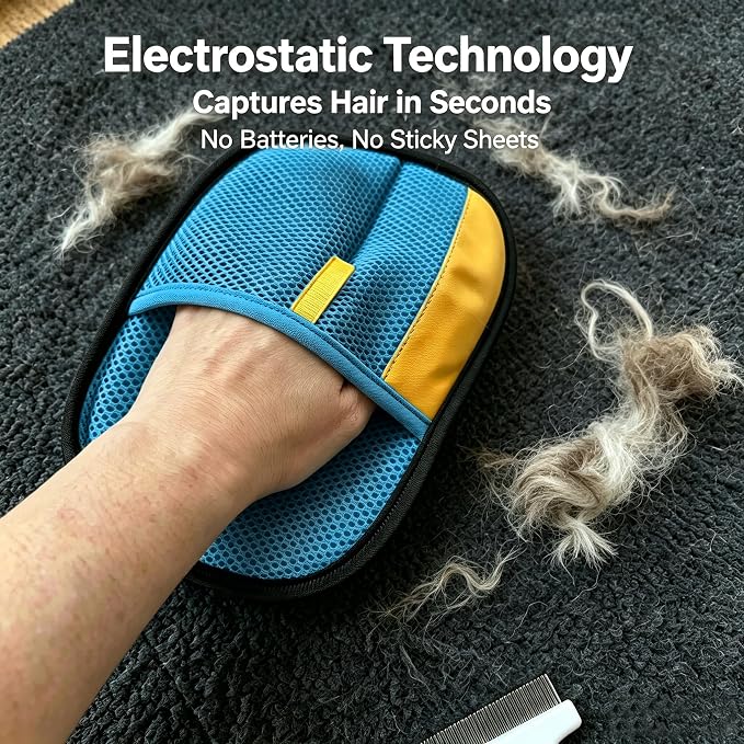 SHIAWASENA Pet Hair Removal Gloves, 2 Pack Electrostatic Washable Blue Mesh with Grooming Comb | Pet Hair Remover for Laundry, Couch, Furniture, Carpet, Car Seat, Cats & Dogs,Reusable