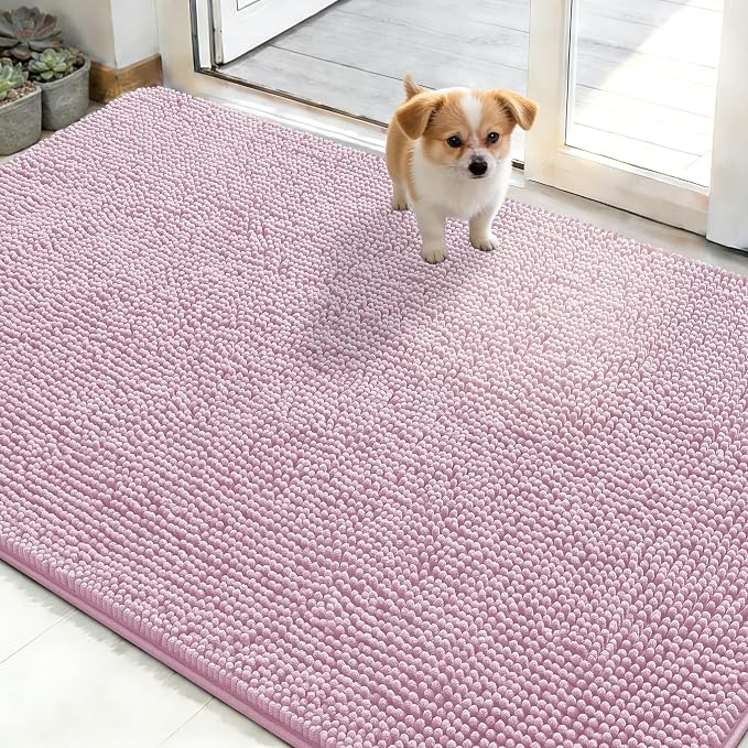 OLANLY Dog Door Mat for Muddy Paws 50x30, Super Absorbent Chenille Mud Mat | Dusty Rose, Absorbs Moisture and Dirt, Non-Slip Machine Washable Doormat, Quick-Drying Indoor Entryway Floor Carpet for Dogs
