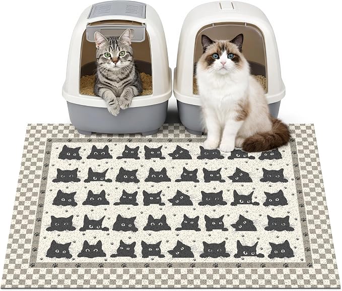 Cat Litter Mat 33" x 22" for Litter Box, Non-Slip Washable Floor Mat with Litter Trapping Design, Scatter Control for Cats and Kittens, Black Beige