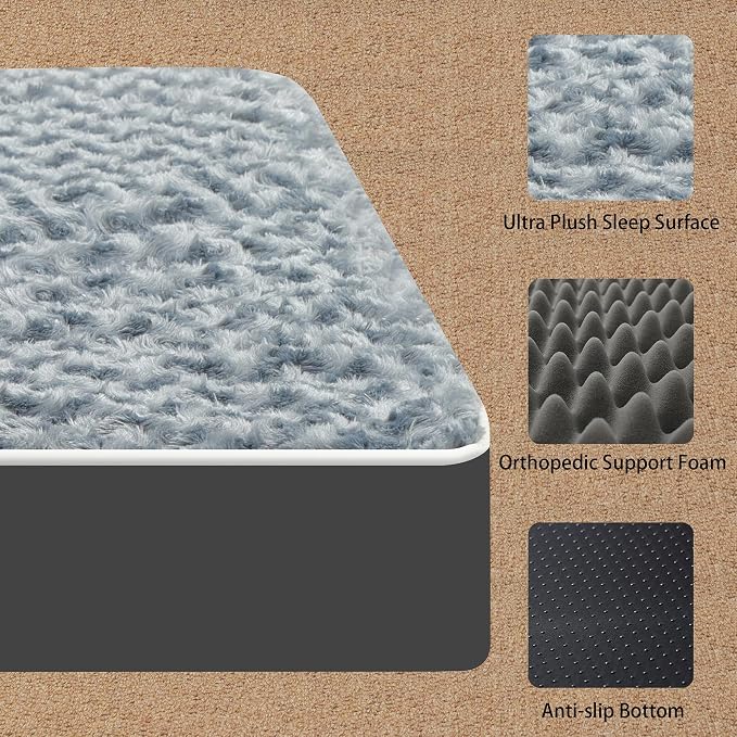 Orthopedic Rose Plush Cover Dog Bed,Small M Sized Dog 30''X20''x3'' Soft Waterproof Egg Foam Pet Crate Beds Mat or Kennel Pads with Removable Washable Cover,Non-Slip Bottom,Grey