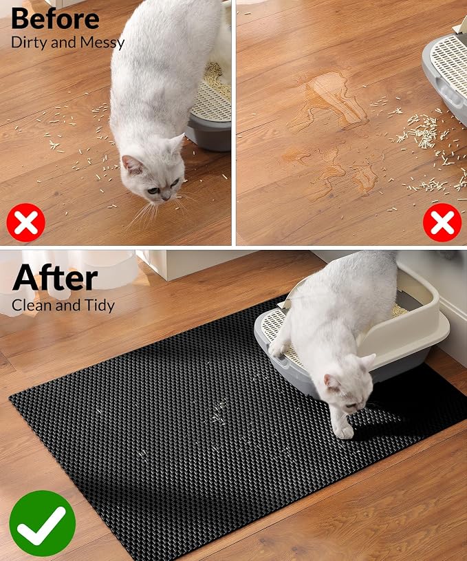 Cooyes Cat Litter Mat - Cut to Fit Any Place, 47"x35" Large Litter Trapping Mat for Litter Box, Easy to Clean, Waterproof & Non-Slip Kitty Pad, Scatter Control to Protect the Floor (Black)