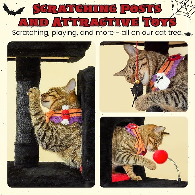 MWPO Gothic Large Cat Tree, 70.1-Inch Multi-Level Tall Cat Tower for Indoor Cats, Plush Cat Condo with Big Padded Perches, Sisal-Covered Scratching Posts, Hammock, Toys for Kittens & Cats, Black