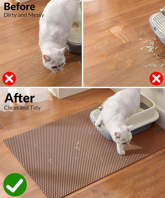 Cooyes Cat Litter Mat - Cut to Fit Any Place, 47"x35" Extra Large Litter Trapping Mat for Litter Box, Easy to Clean, Waterproof & Non-Slip Kitty Pad, Scatter Control to Protect the Floor (Khaki)
