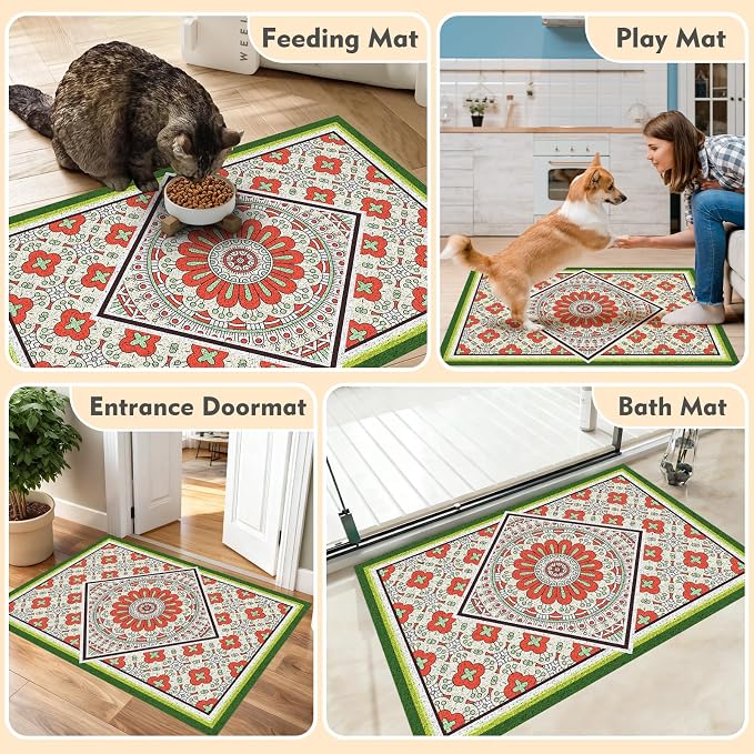 Bohemian Kitty Litter Mat 24"x17",Non-Slip Litter Box Mat, Washable Cat Litter Rug Catcher,Double-Layer Litter Trapping Mat for Scatter Control, Easy Clean Cat Food Mat & Floor Protector