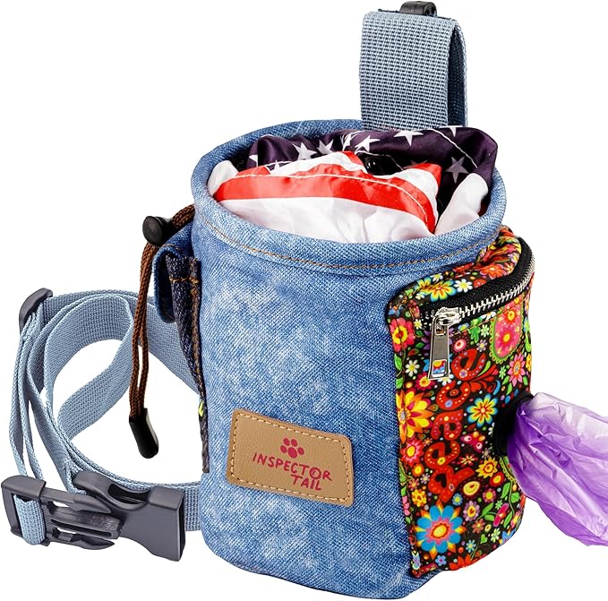 INSPECTOR TAIL Dog Treat Pouch for Training, Drawstring Bag, Hands Free | 2 Cup Tote, 4 Ways to Wear, No Bounce, Pull-Out Liner, Pockets for Snacks, Poop Bags & Keys, Pet Walking & Rewarding Holder