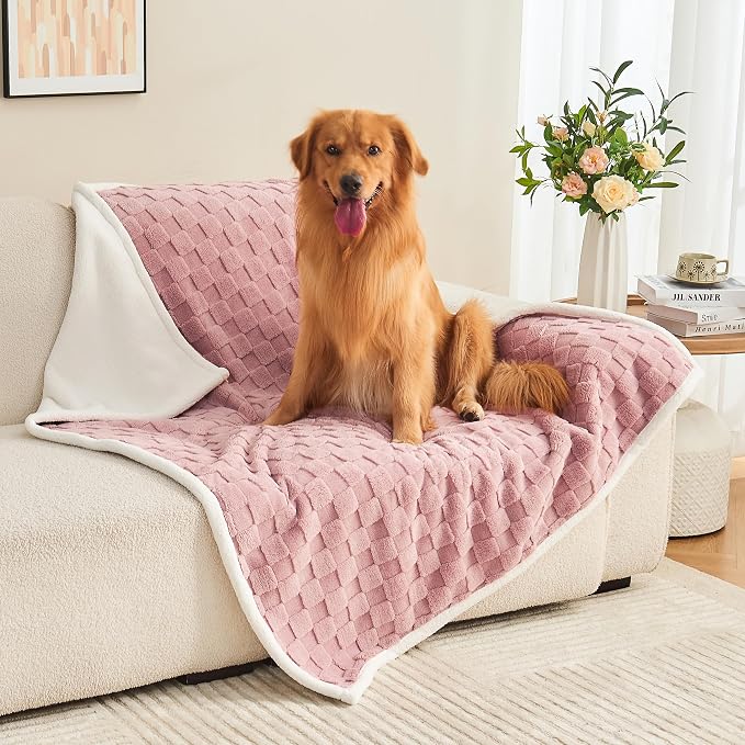 Checkered Waterproof Blanket for Bed Couch Sofa Car, Fluffy Soft Dog Blanket with 3D Jacquard Grid Pattern, Reversible Leakproof Pet Blankets for Dogs Cats Puppies, Dusty Pink, 60"x80"