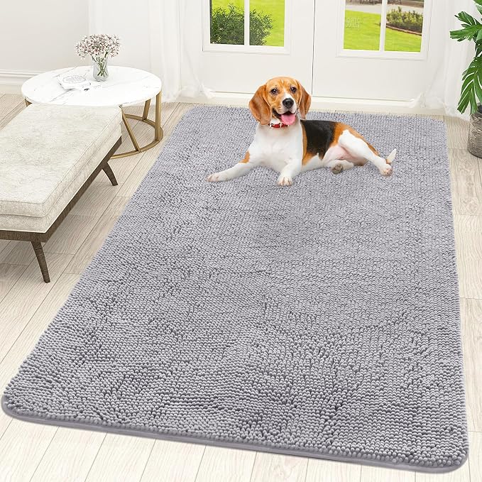 OLANLY Dog Door Mat for Muddy Paws 59x35, Super Absorbent Chenille Mud Mat | Light Grey, Absorbs Moisture and Dirt, Non-Slip Machine Washable Doormat, Quick-Drying Indoor Entryway Floor Carpet for Dogs