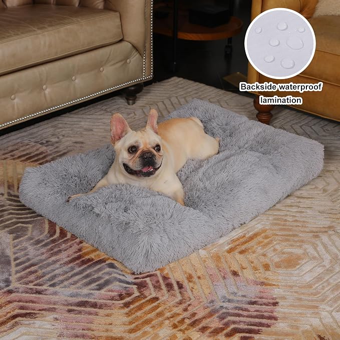 Bedfolks Waterproof Dog Crate Bed, Plush Dog Pad, 35"x23", Solid Light Grey | Faux Fur Plush Cover, Removable Washable Outer, Waterproof Inner Lining, Non-Slip Base, Crate Pad and Dog Pillow