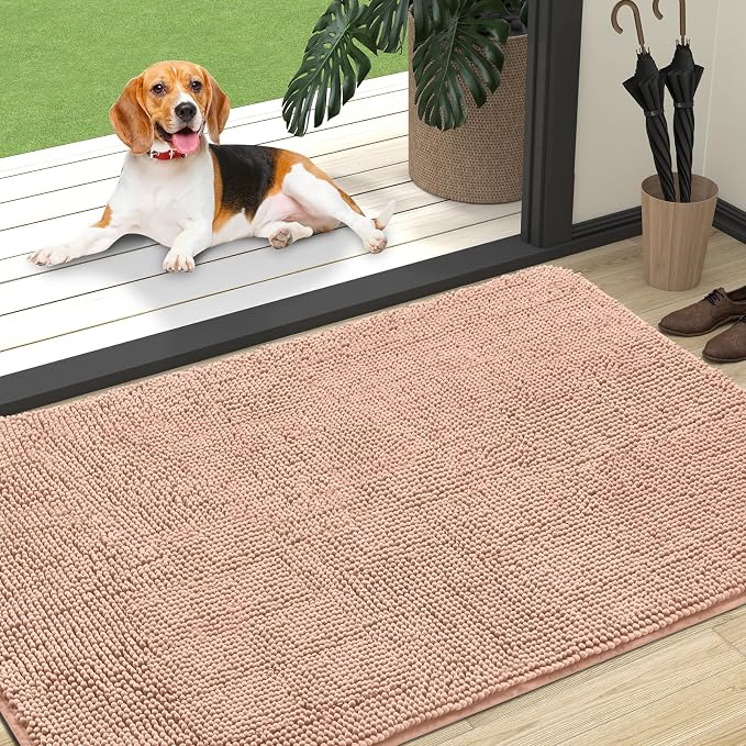 OLANLY Dog Door Mat for Muddy Paws 47x32, Super Absorbent Chenille Mud Mat | Peach, Absorbs Moisture and Dirt, Non-Slip Machine Washable Doormat, Quick-Drying Indoor Entryway Floor Carpet for Dogs