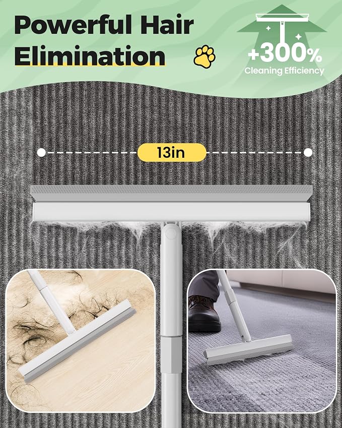 Carpet Rake for Pet Hair Removal Tool - 4 in 1 Pet Hair Remover Kit for Dog Cat Fur Remover, Contain 60" Adjustable Rubber Broom, Glove, Magic Brush and Scraper for Furniture (Gray)
