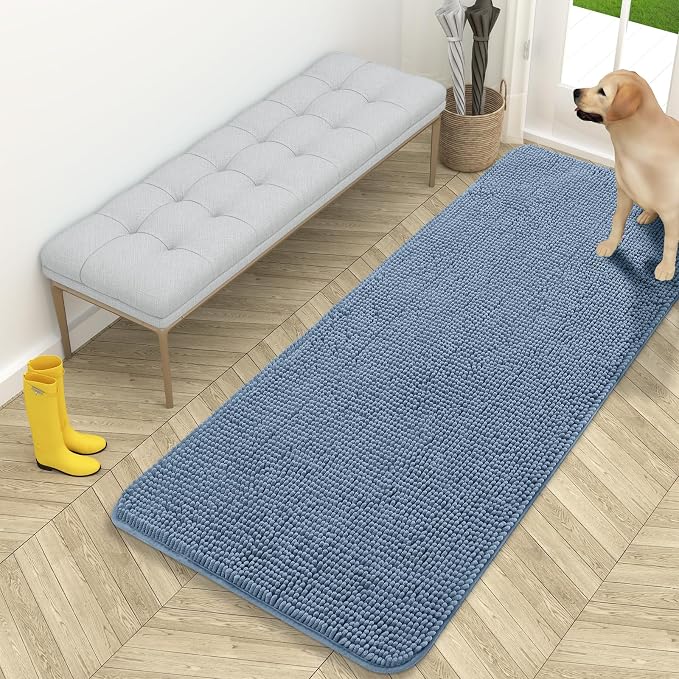OLANLY Dog Door Mat for Muddy Paws 59x24, Super Absorbent Chenille Mud Mat | Airy Blue, Absorbs Moisture and Dirt, Non-Slip Machine Washable Doormat, Quick-Drying Indoor Entryway Floor Carpet for Dogs