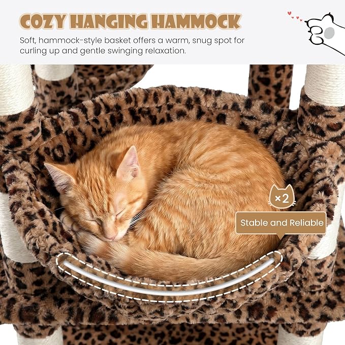 Sha Cerlin 87 in Multi-Level Tall Cat Tree Tower for Large Cats/Extra Wide Feline Activity Center/Sisal Scratching Posts/Wide Base/Cozy Plush Perches/Baskets/Hammocks/Toy Balls/Leopard Print
