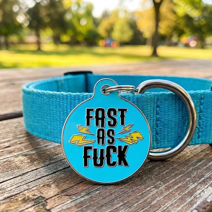 Bad Tags Personalized Dog and Cat ID Tags in 25+ Designs and 2 Sizes - 5 Lines of Custom Engraved Text - Funny Cute Personalized Pet Tags (Fast As F*ck, Small (1 inch))