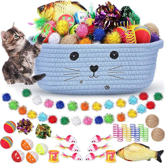 Zopeal 58 Pcs Summer Cat Storage Basket Gift Toys Set, Colorful Flashing Balls Pet Bell Crinkle Balls Spring Toys Attract Cat to Swat, Hunt, Interactive for Pet(Light Blue,9.8 Inch)