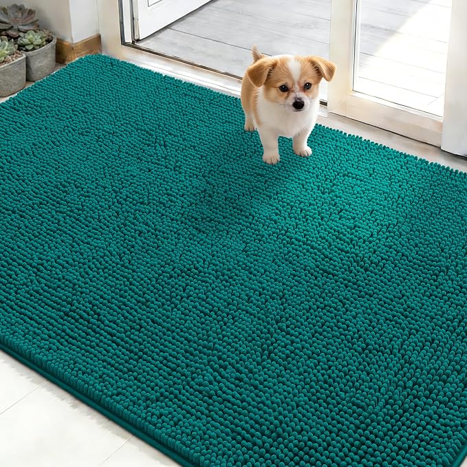 OLANLY Dog Door Mat for Muddy Paws 50x30, Super Absorbent Chenille Mud Mat | Lake Blue, Absorbs Moisture and Dirt, Non-Slip Machine Washable Doormat, Quick-Drying Indoor Entryway Floor Carpet for Dogs