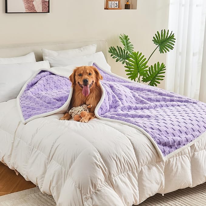 Checkered Waterproof Blanket for Bed Couch Sofa Car, Fluffy Soft Dog Blanket with 3D Jacquard Grid Pattern, Reversible Leakproof Pet Blankets for Dogs Cats Puppies, Lilac, 50"x60"