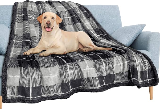 PAVILIA Waterproof Blanket for Couch, Sofa | Waterproof Dog Blanket for Large Dog, Puppy, Cat | Pet Blanket Protector | Plush Soft Warm Fuzzy Sherpa Blanket Bed Throw, Plaid Grey, 60x80
