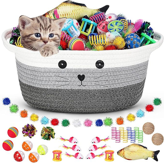 Zopeal 58 Pcs Summer Cat Storage Basket Gift Toys Set, Colorful Flashing Balls Pet Bell Crinkle Balls Spring Toys Attract Cat to Swat, Hunt, Interactive for Pet(Multicolor,12 Inch)