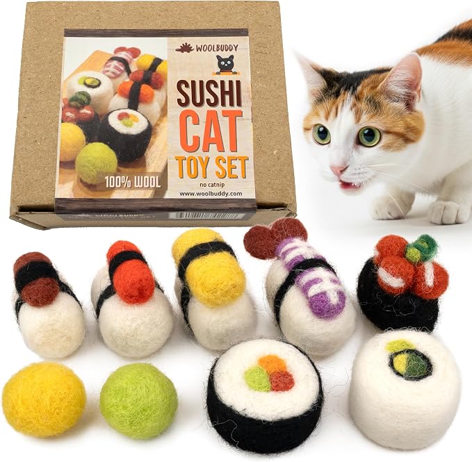 Woolbuddy Sushi Cat Toy Set – Wool Felt Interactive Toys for Indoor Cats & Kittens, Catnip-Free, Durable, Cute Enrichment Toys for Bored Cats, Natural Wool Dental & Hunting Play (Small – 9 Pcs)