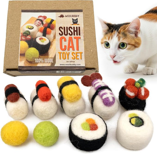 Woolbuddy Sushi Cat Toy Set – Wool Felt Interactive Toys for Indoor Cats & Kittens, Catnip-Free, Durable, Cute Enrichment Toys for Bored Cats, Natural Wool Dental & Hunting Play (Small – 9 Pcs)