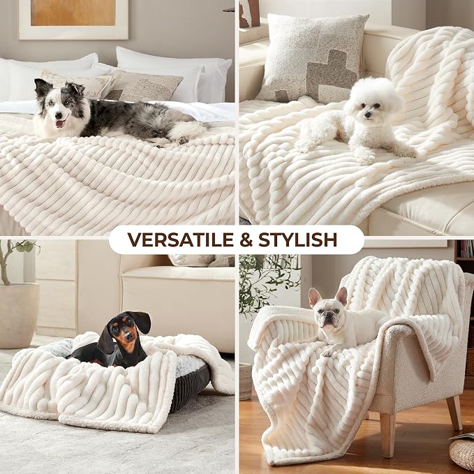Waterproof Dog Blanket for Large Dogs, Soft Corduroy Fleece Pet Blanket Washable, Double Sided Cat Blankets for Furniture Protection, Reversible Cozy Calming Couch Blanket, 40"x50", Cream