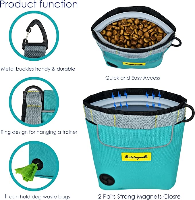 Raisingwell Dog Treat Pouch for Pet Walking and Training with Clicker 2 Cup Silicone Bag Small Fanny Pack Holder for Puppy Snack Dispenser Kit for Leash and Outdoor Use (Green)