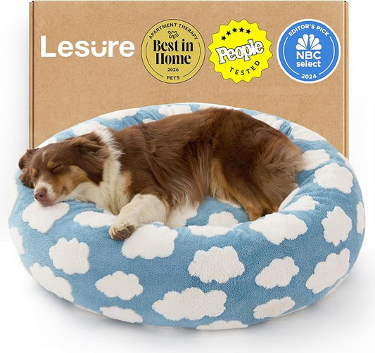 Lesure Shown on TV Donut Dog Beds Large Size Dog - XL Calming Round Sofa as Present for Pets with Washable Cover, Orthopedic Home Decor Bed with Jacquard Shaggy Plush & Anti Slip Bottom, 36 Inch，Blue