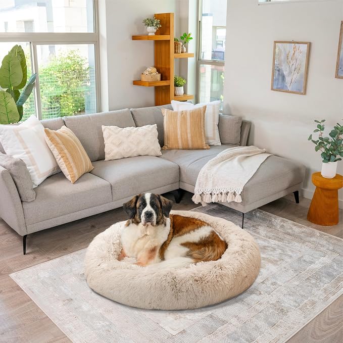 Best Friends by Sheri The Original Calming Donut Dog Bed for Extra-Large Dogs up to 150 lbs, Shag Faux Fur, Taupe, 45" x 45"
