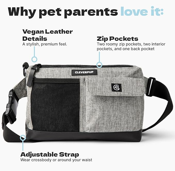 Walk & Train 2-in-1 Dog Walking Bag - Hands-Free Training Crossbody Sling & Fanny Pack with Treat Pouch, Poop Bag Holder, Phone Pockets - Adjustable Waist or Shoulder Strap - Heather Grey
