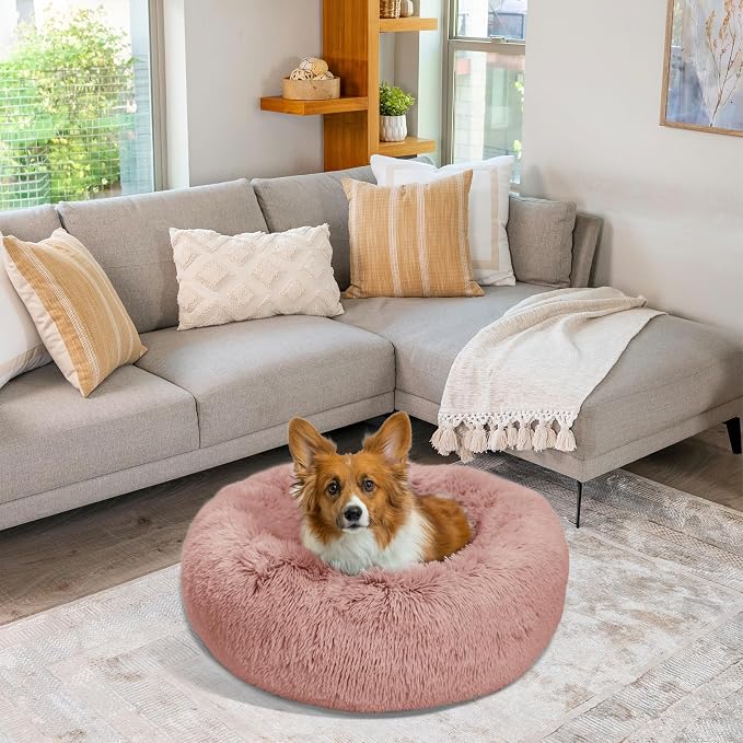 Best Friends by Sheri The Original Calming Donut Dog Bed for Medium Dogs up to 45 lbs, Shag Faux Fur, Dusty Rose, 30" x 30"