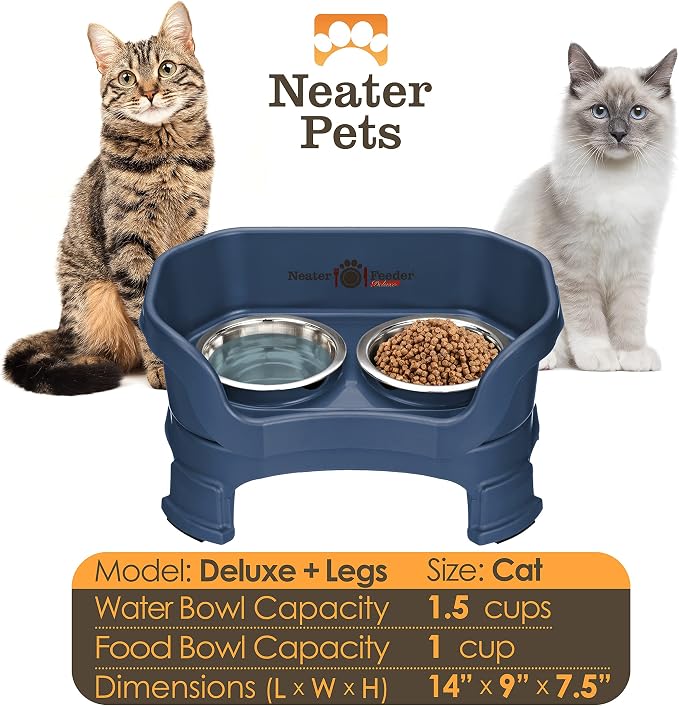 Neater Feeder Deluxe Mess-Proof Elevated Cat Bowls, 2 Height Adjustable (6” & 7.5”) No-Spill Raised Cat Bowl Stand, Whisker Friendly Stainless Steel Dishes for Indoor Cats, Made in USA, Dark Blue