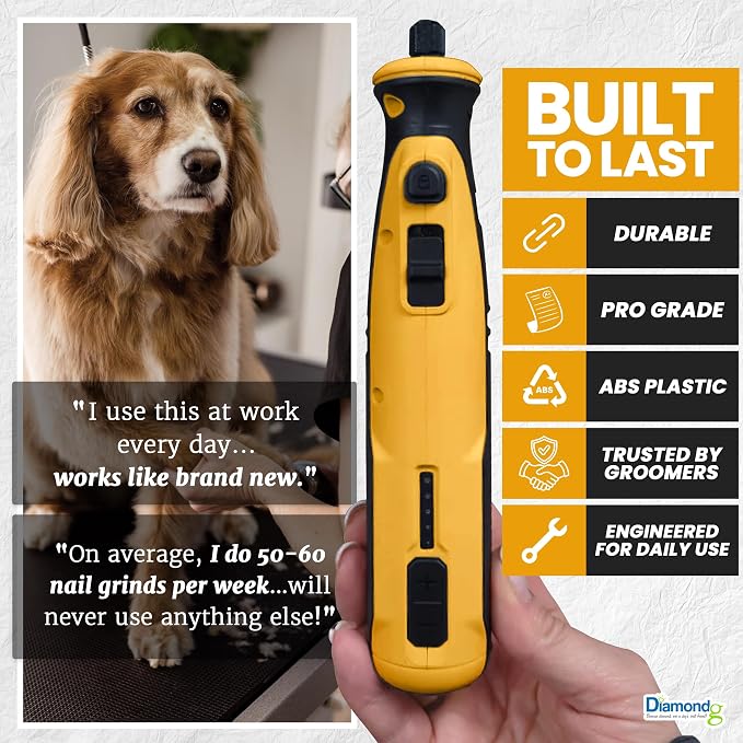Diamondg Cordless Dog Nail Grinder - Quiet Sound with LED Light, Orange | 5-Speed Rechargeable Pet Nail Trimmer for Small & Large Dogs, USB-C Charging, 4hrs. Runtime, Painless Dog Nail Grinding Kit