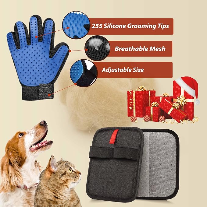3-PCS Pet Grooming Set – 255-Tip Deshedding Gloves for Dogs & Cats, Gentle Massage Mitt & Hair Remover Brush (Left & Right Hand) + Electrostatic Pet Hair Remover Glove for Furniture & Clothes