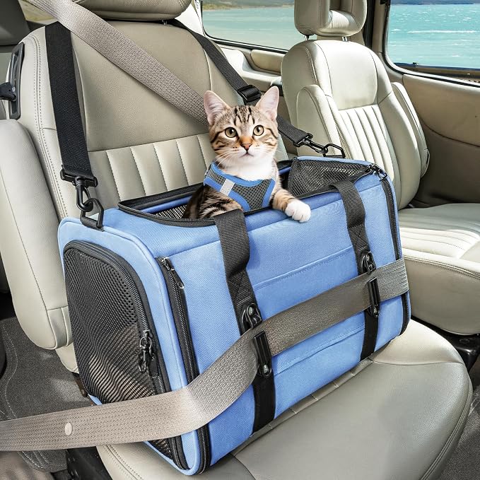 PETSFIT Soft-Sided Cat Carrier with Patented Safety Buckles, Lockable Zippers & Safety Tether,Escape-Resistant Travel Pet Carrier for Car Rides & Vet Visits, Airline Approved Under-Seat, Up to 12 lbs
