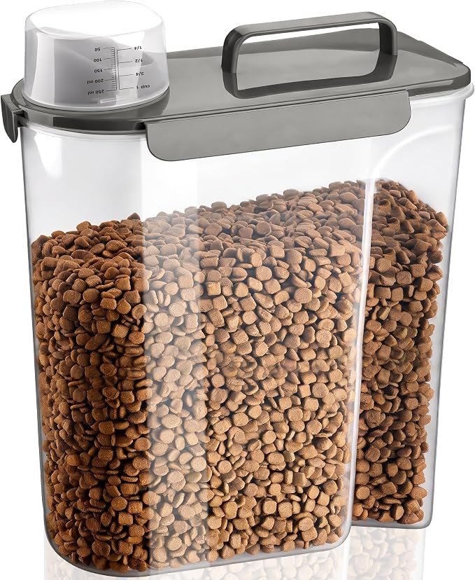 TIOVERY Dog Food Storage Container, 10 Lbs Airtight Pet Food Containers, Cat Food Container Dispenser Bin with Pouring Spout, Portable Handle & Measuring Cup for Dog Treats, Cat Kibble, Bird Feed Grey