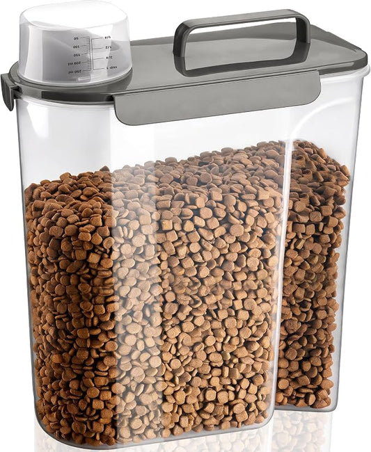 TIOVERY Dog Food Storage Container, 10 Lbs Airtight Pet Food Containers, Cat Food Container Dispenser Bin with Pouring Spout, Portable Handle & Measuring Cup for Dog Treats, Cat Kibble, Bird Feed Grey