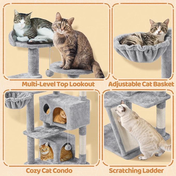 Topeakmart Cat Tree, 57 inches Multi-Level Cat Tree Tower with Scratching Posts, Cat Condo and Basket Kitten Activity Center, Light Gray | Easy to assemble, a great first cat tree with perches, hammock and anti-tip strap, ideal for small to medium cats...