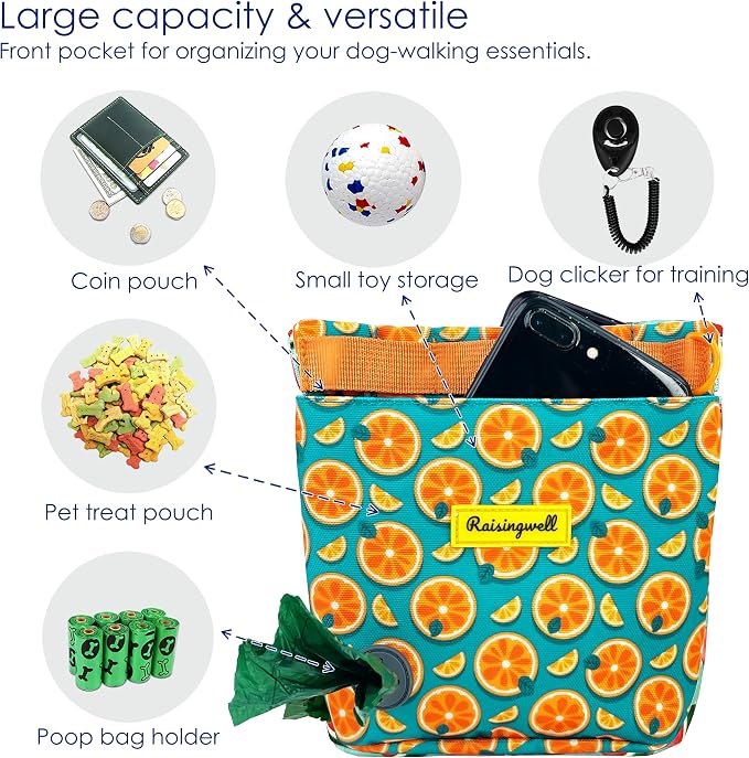 Raisingwell Dog Treat Pouch for Pet Walking and Training with Clicker 2 Cup Silicone Bag Small Fanny Pack Holder for Puppy Snack Dispenser Kit for Leash and Outdoor Use (Fruit Orange)