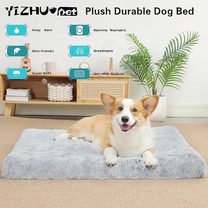 Orthopedic Long Plush Cover Dog Bed,Medium L Sized Dog 36''X27''x3'' Soft Waterproof Egg Foam Pet Crate Beds Mat or Kennel Pads with Removable Washable Cover,Non-Slip Bottom,Light Grey