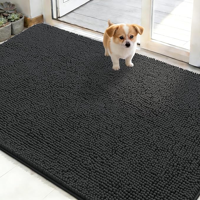 OLANLY Dog Door Mat for Muddy Paws 48x30, Super Absorbent Chenille Mud Mat | Dark Grey, Absorbs Moisture and Dirt, Non-Slip Machine Washable Doormat, Quick-Drying Indoor Entryway Floor Carpet for Dogs