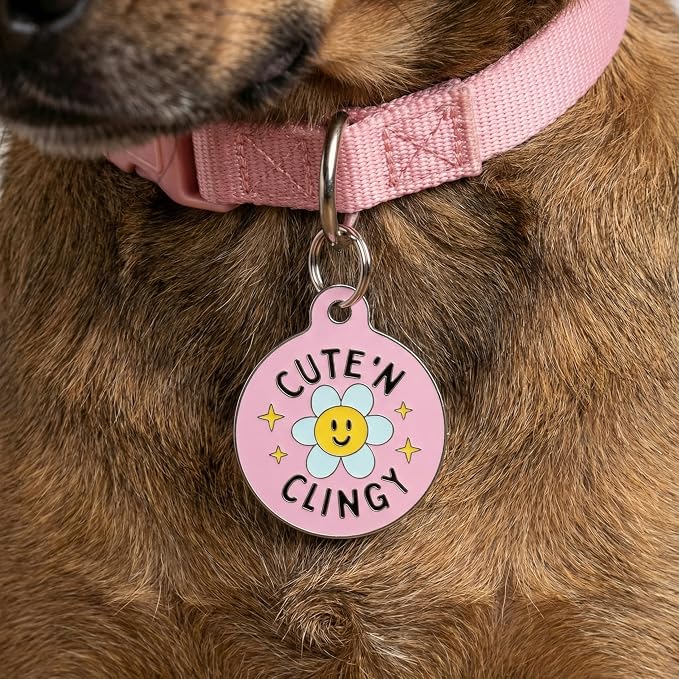 Bad Tags Personalized Dog and Cat ID Tags in 25+ Designs and 2 Sizes - 5 Lines of Custom Engraved Text - Funny Cute Personalized Pet Tags (Cute N Clingy - Pink, Small (1 inch))