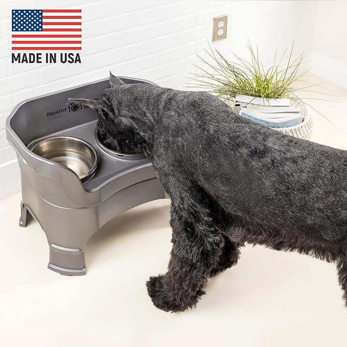 Neater Feeder Deluxe Mess-Proof Elevated Dog Bowls for Large Dogs (40+ lbs), 2 Height Adjustable (14.5” & 17.5”) No-Spill Raised Dog Bowl Stand w/Slow Feed Bowl for Food, Made in USA, Grey