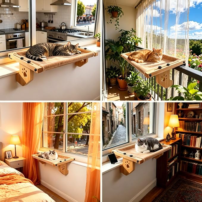 ESPETS Wooden Cat Window Bed for Large Cats, Khaki Cat Window Perch Hammock | Solid Wood Window Large Perch, Sturdy Large Size Shelves, Soft Thick Removable Cushion, Easy Assemble Adjustable, Hold 40LBS