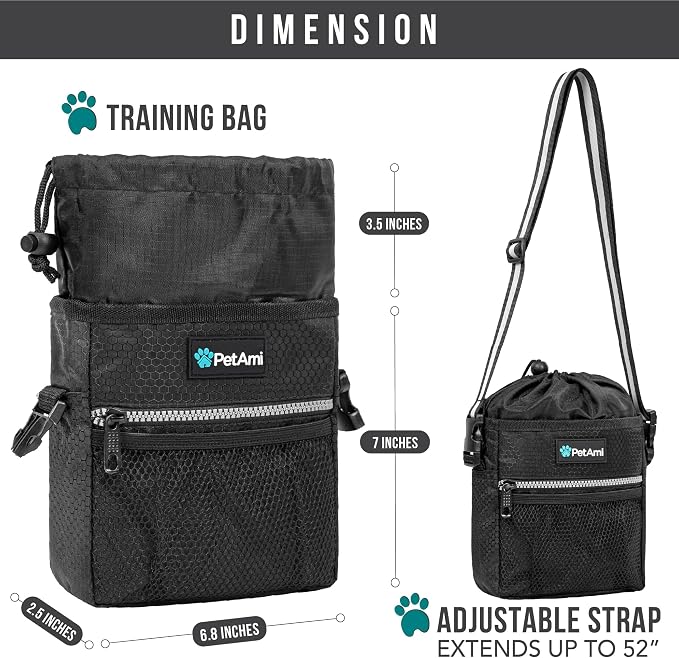 PetAmi Dog Treat Pouch, Pet Treat Pouch for Training, Dog Walking Bag Holder for Kibbles, Pet Food Toy, Dog Trainer Essentials Supplies, Poop Bag Dispenser, 3 Ways to Wear (Black)