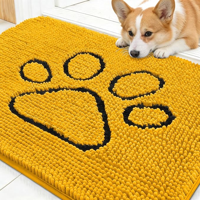 OLANLY Dog Door Mat for Muddy Paws 30x20, Paw Print Design Chenille Mud Mat | Golden Yellow, Absorbent, Traps Moisture and Dirt, Non-Slip Washable Doormat, Quick-Dry Indoor Entryway Floor Carpet for Dogs