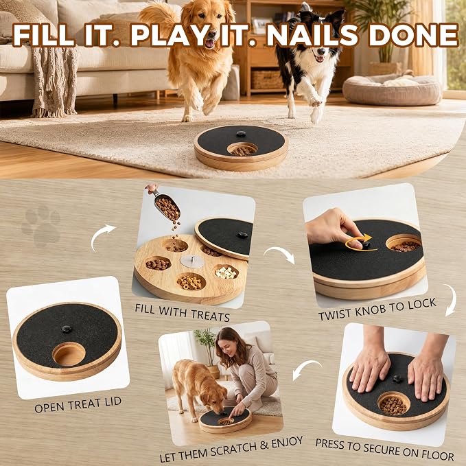 Dog Nail Scratch Board with Treat Box, Stress-Free Nail File Toy | Stress-Free Grooming, Replaceable Sandpaper, Treat Dispensing, Heavy-Duty, Anti-Slip, Pine Wood, All Dogs