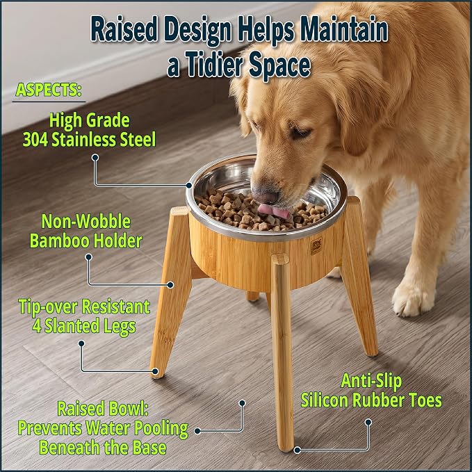 Dog Bowls Elevated, Food Water Bowl for Large Dogs - 15-Inch High - 74oz | Raised Dog Bowl Stand, Stainless Steel and Bamboo, Tipover-Resistant Tall 4 Feet, Doesn't Rust Sag or Bend